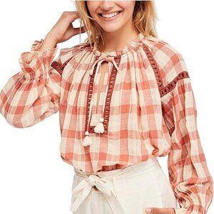 NWT Free People Honey Grove Knit Pink Plaid Long Sleeved Blouse Size M